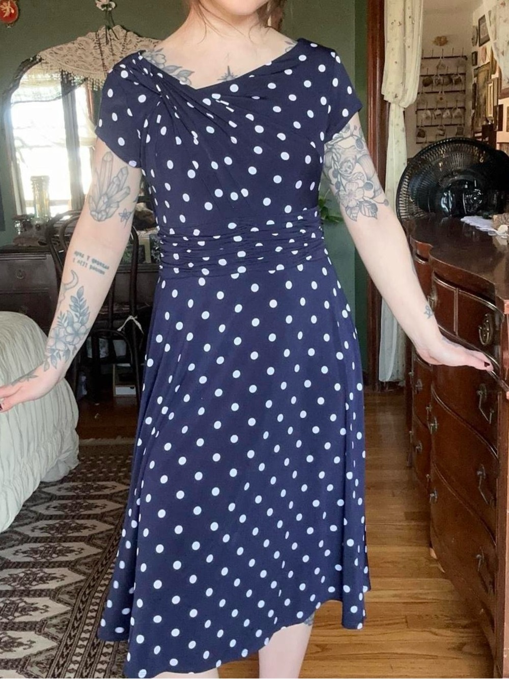 Christopher & Banks Navy and White Polka Dot Midi Dress
